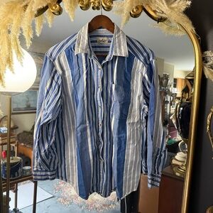 Chic Blue and White Striped Women’s Coastal Button Up Shirt 100% Cotton